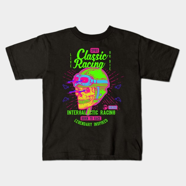 Bike Rider Retro Skull Neon Kids T-Shirt by TOKEBI